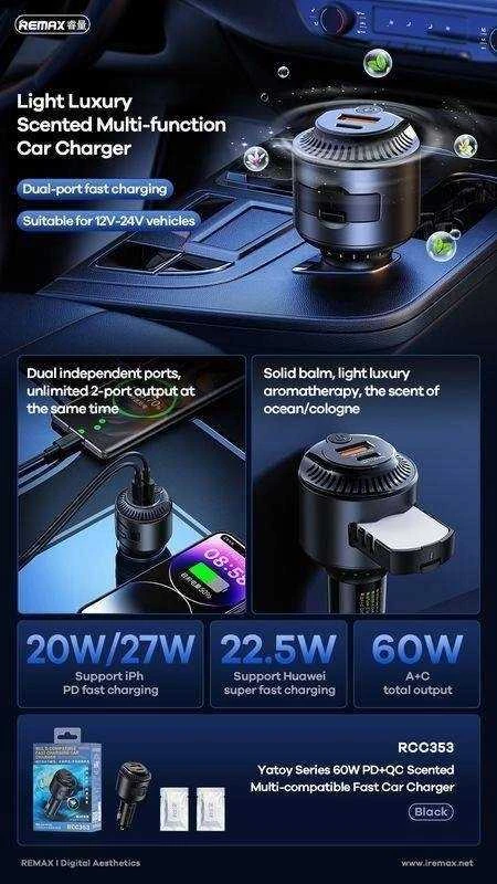 REMAX AUTOMOBILINIS ĮKROVIKLIS YATOY SERIES SU KVAPŲ FUNKCIJA 60W PD QC RCC353 1xUSB + 1xUSB-C Juodas