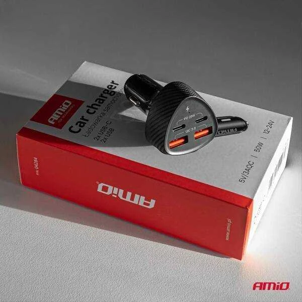Automobilinis įkroviklis 50W 2xUSB-A + 2xUSB-C AMIO-04284
