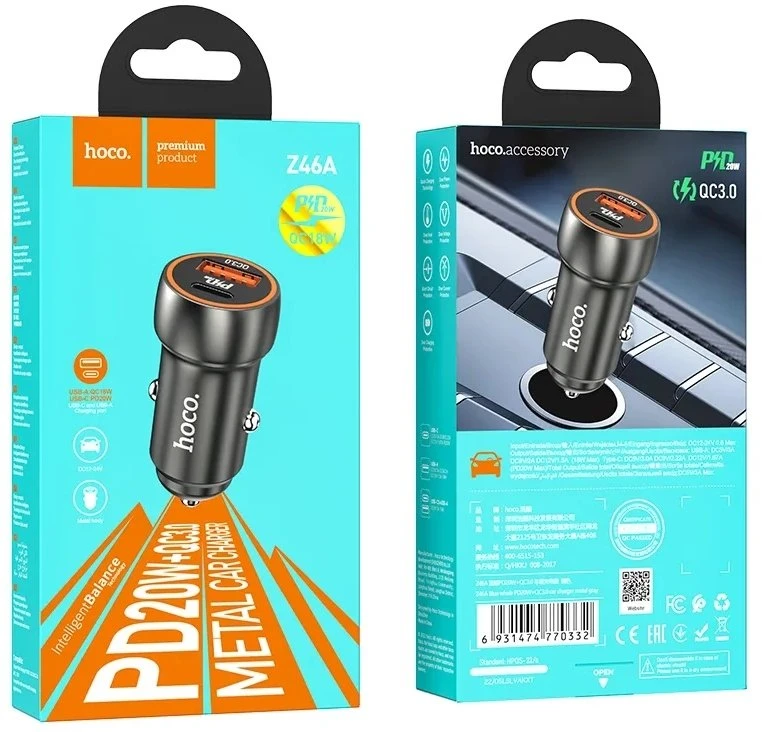 Automobilinis įkroviklis Hoco Z46A USB-A/Type-C PD20W+QC3.0 pilkas