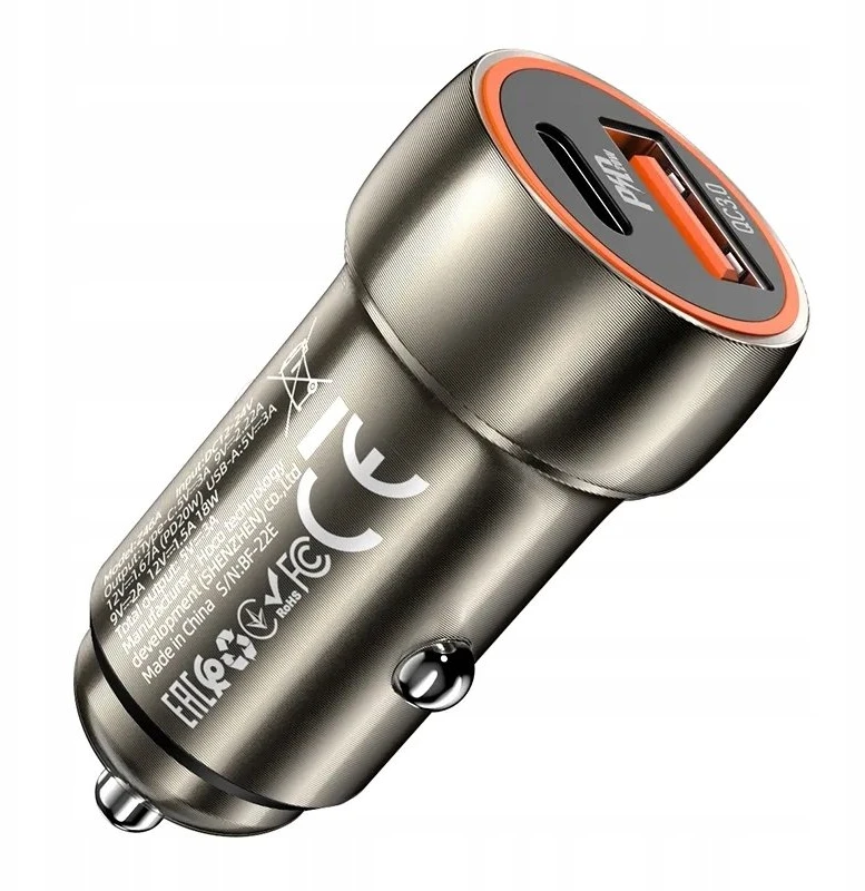 Automobilinis įkroviklis Hoco Z46A USB-A/Type-C PD20W+QC3.0 pilkas