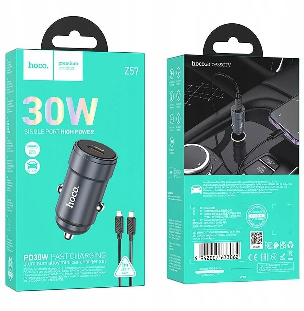 Automobilinis įkroviklis Hoco USB C QC3.0 PD 30W + laidas USB C - Lightning Z57 metalinis pilkas