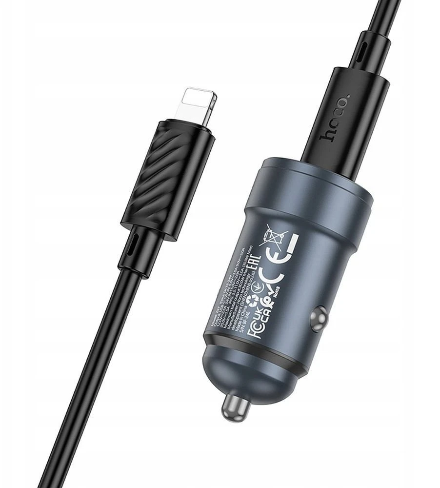 Automobilinis įkroviklis Hoco USB C QC3.0 PD 30W + laidas USB C - Lightning Z57 metalinis pilkas