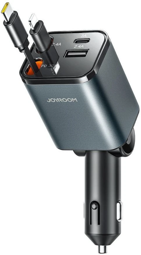 Joyroom JR-CCL05 30W 4 viename automobilinis įkroviklis su 2 įmontuotais ištraukiamais laidais – pilkos spalvos