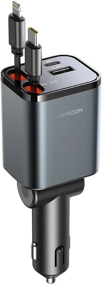Joyroom JR-CCL05 30W 4 viename automobilinis įkroviklis su 2 įmontuotais ištraukiamais laidais – pilkos spalvos