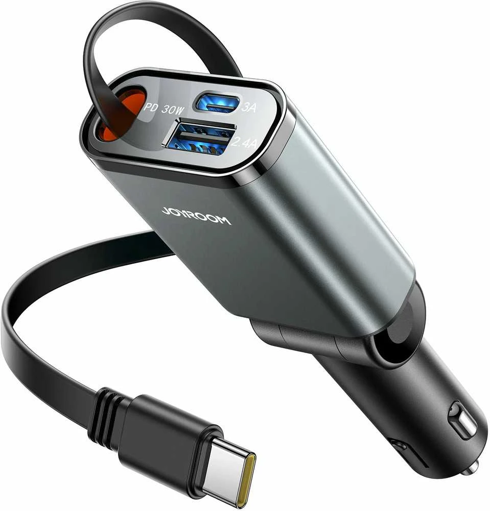 Joyroom JR-CCL07 3-in-1 Car Charger su Built-in Retractable kabelis – pilkos spalvos