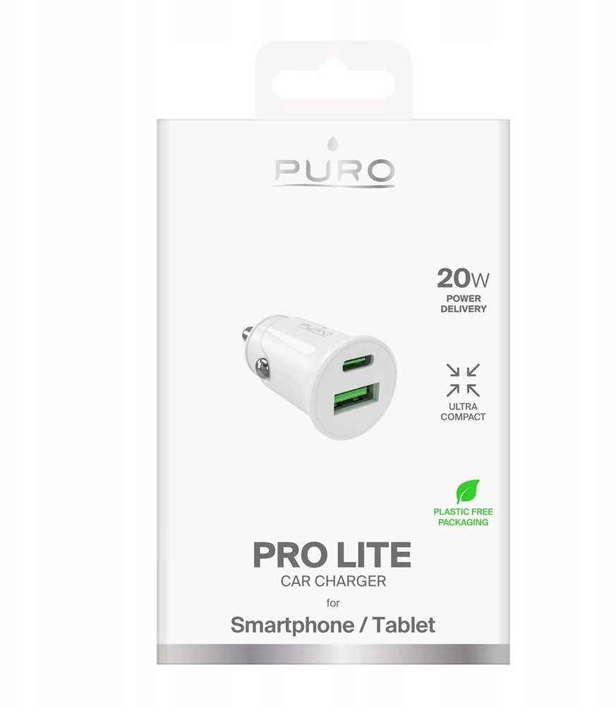 Puro Pro Lite automobilinis įkroviklis 1x USB-A + 1x USB-C Power Delivery 20W – baltos spalvos