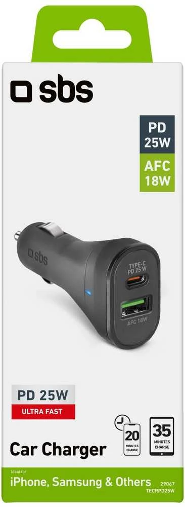 SBS TECRPD25W automobilinis įkroviklis 25W USB-A USB-C su Power Delivery – juodos spalvos