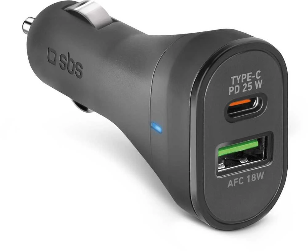 SBS TECRPD25W automobilinis įkroviklis 25W USB-A USB-C su Power Delivery – juodos spalvos