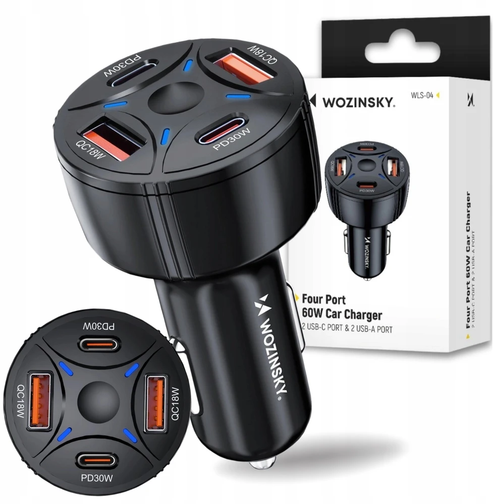 Wozinsky WLS-04 60W Car Charger 2xUSB-C 2xUSB-A - Juodas