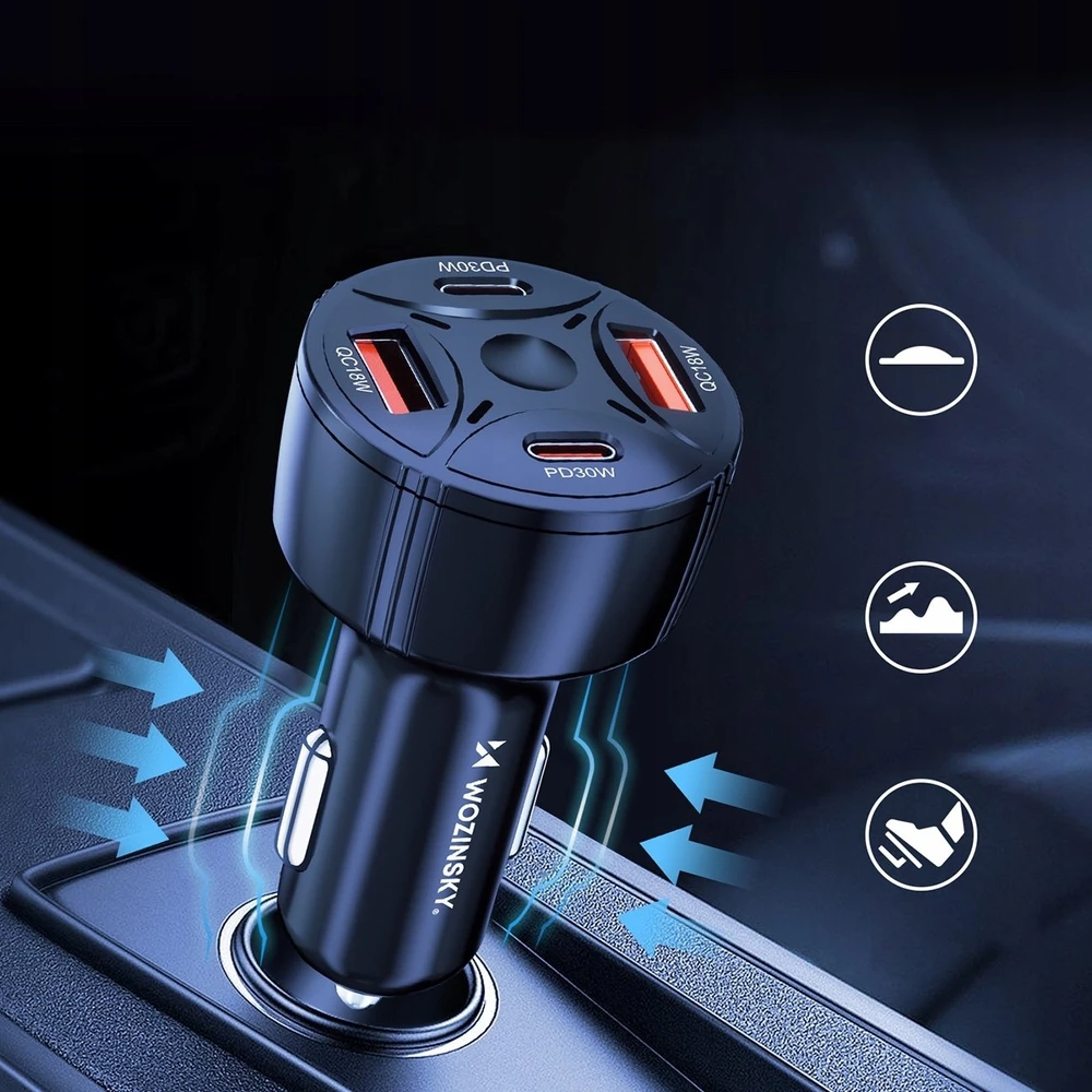Wozinsky WLS-04 60W Car Charger 2xUSB-C 2xUSB-A - Juodas