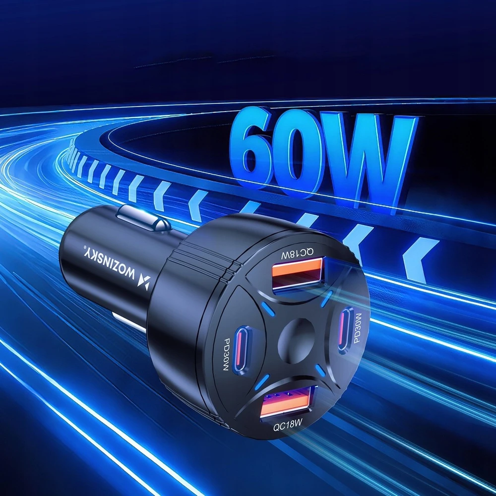 Wozinsky WLS-04 60W Car Charger 2xUSB-C 2xUSB-A - Juodas