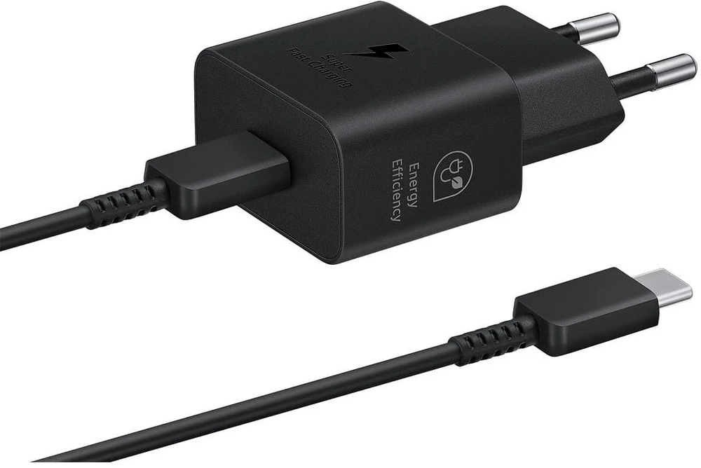 Galaxy EP-T2510EBE + EP-DN980BBE Samsung USB-C 25W kelioninis įkroviklis + USB-C duomenų kabelis, juodos spalvos (OOB Bulk)