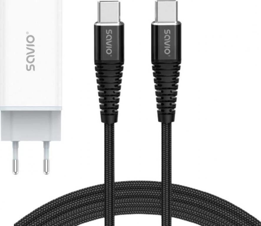 Savio Įkroviklis jungiama į tinklą 65W GaN LA-07 su kablem typu C-USB typ C 100W 1m, balta ir-juoda