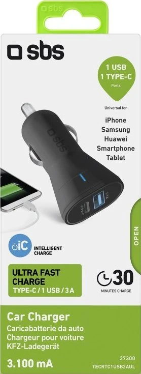 Automobilinis įkroviklis 3100mAh Type-C USB 2.1A by SBS Juodas
