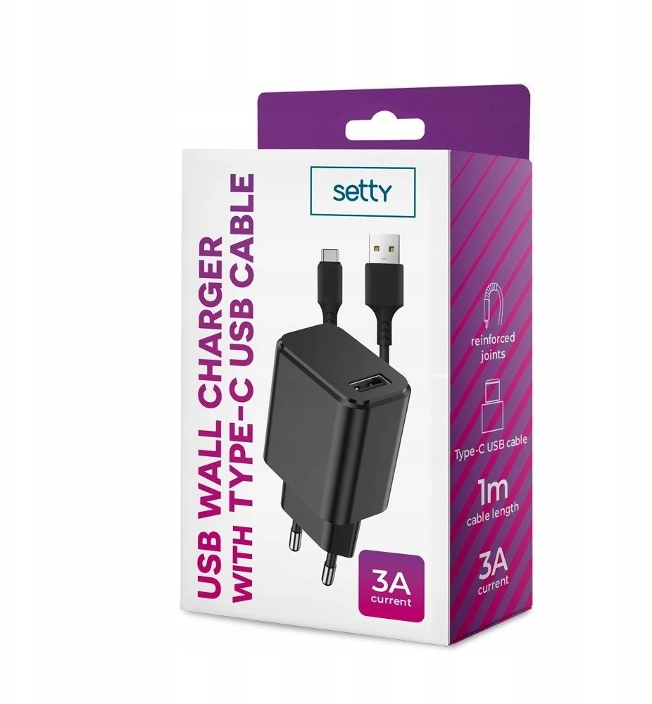 Maxlife "Setty" įkroviklis 1x USB 3A juodas + USB-C kabelis 1,0 m