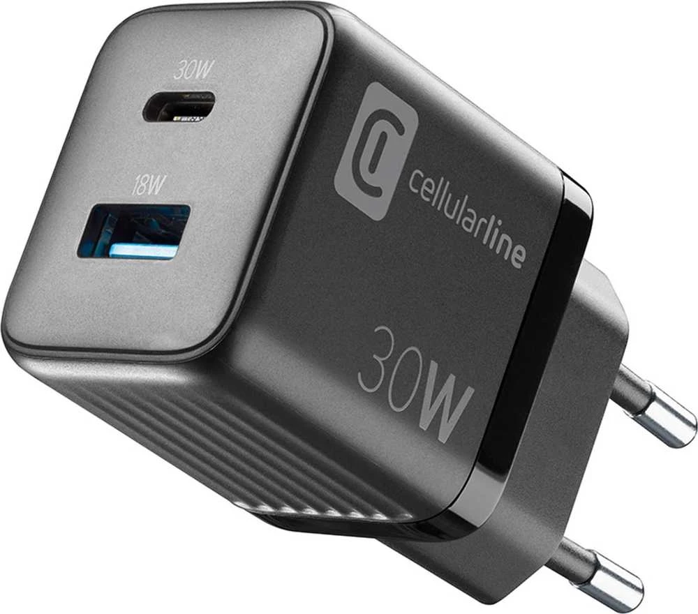 Juodas Cellularline 30W sieninis įkroviklis su dvejomis jungtimis