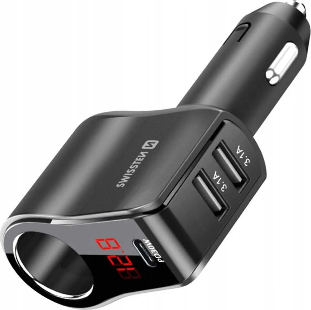 Swissten automobilinis įkroviklis 1x USB-C PD / 2x USB-A / CL / LED