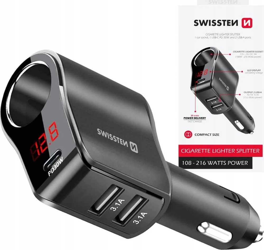 Swissten automobilinis įkroviklis 1x USB-C PD / 2x USB-A / CL / LED