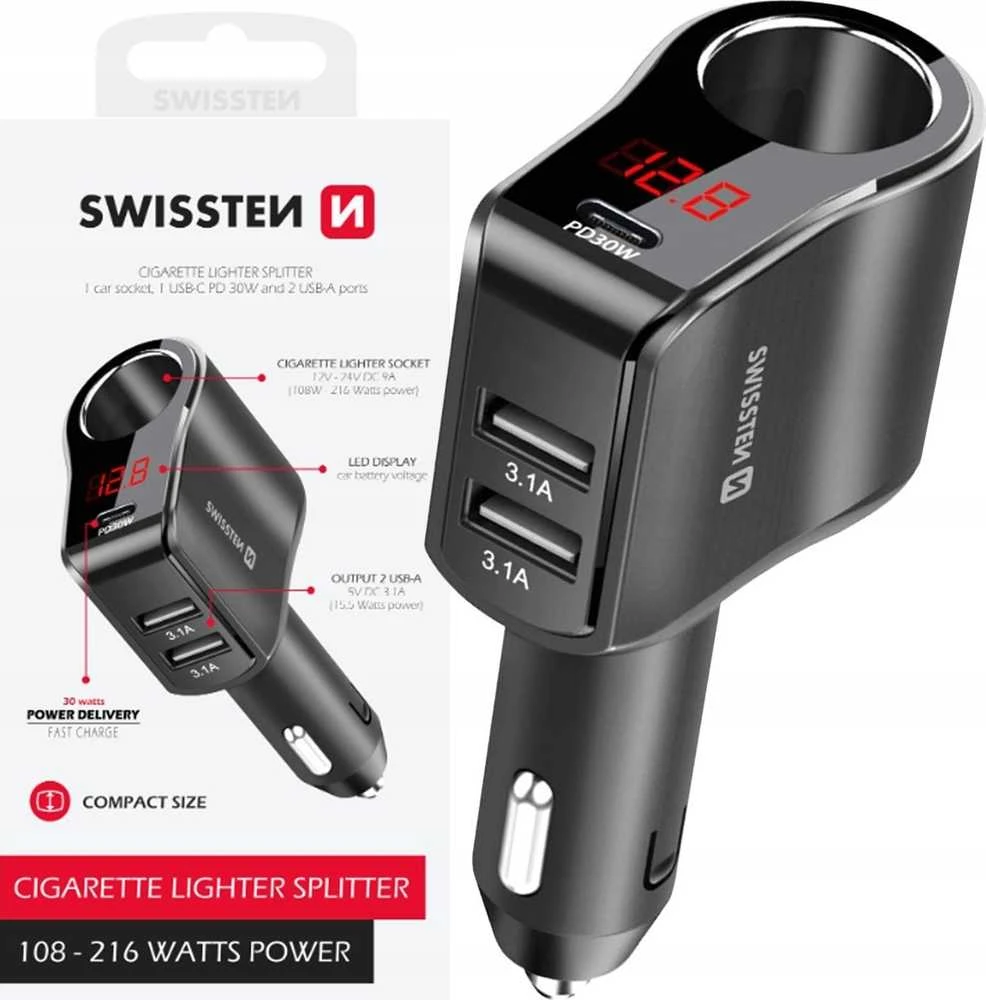 Swissten automobilinis įkroviklis 1x USB-C PD / 2x USB-A / CL / LED