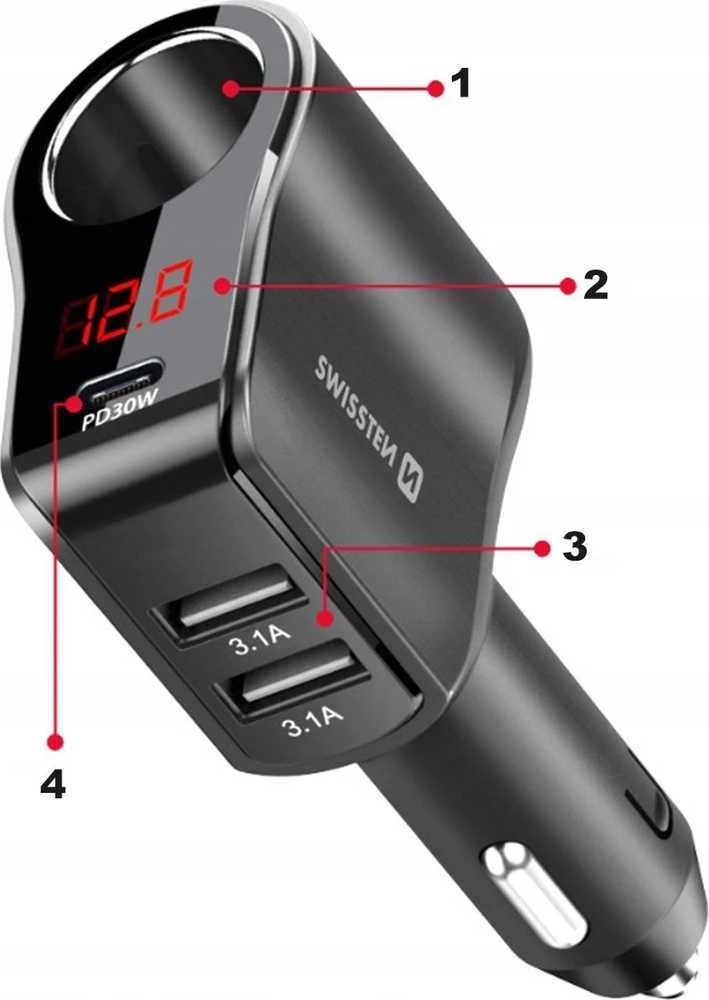 Swissten automobilinis įkroviklis 1x USB-C PD / 2x USB-A / CL / LED