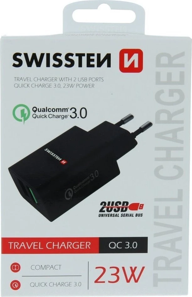 Swissten Premium kelioninis įkroviklis 2x USB / QC3.0 23W