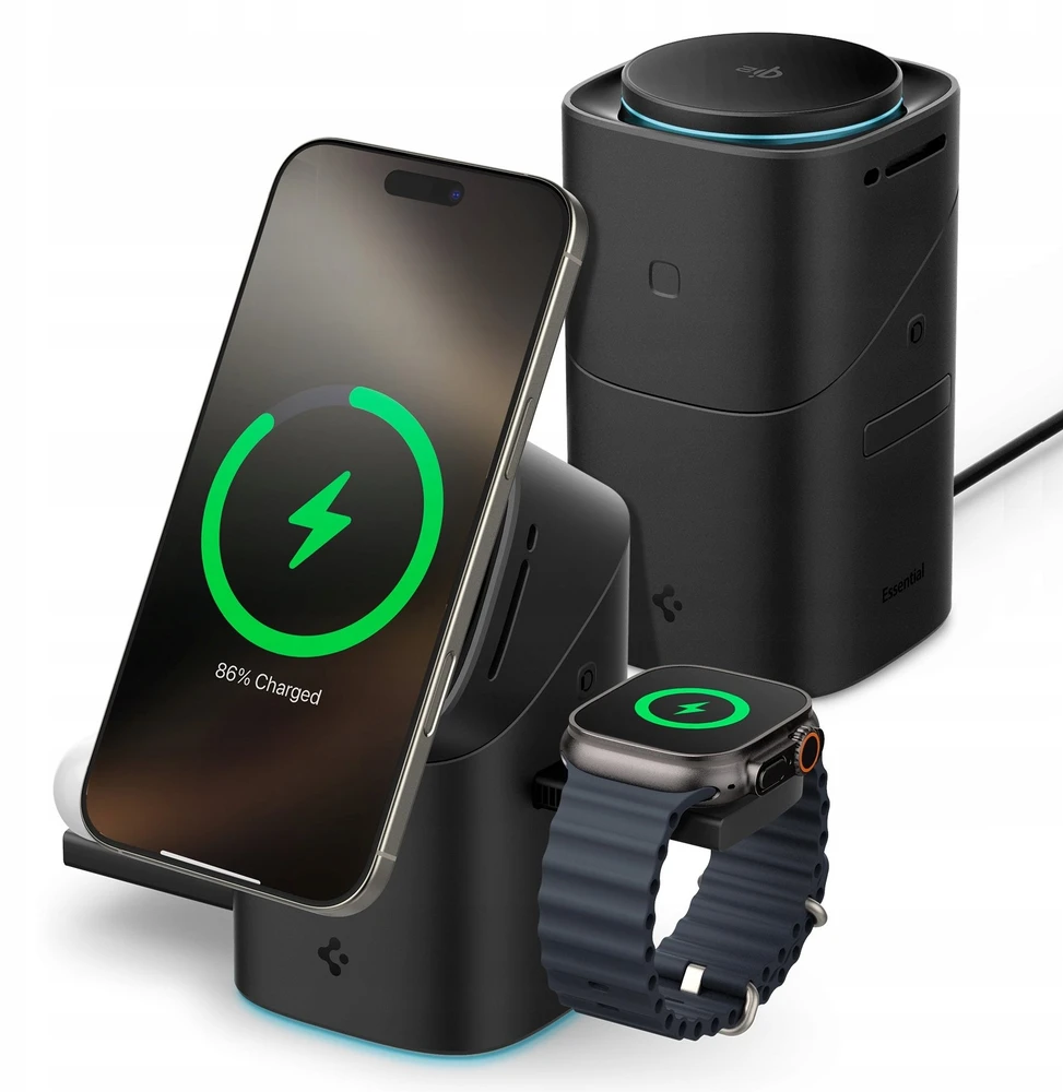 SPIGEN EF223MS ESSENTIAL 3-in-1 sukamasis magnetinis „MagSafe“ belaidis įkroviklis 15W QI2 juodas