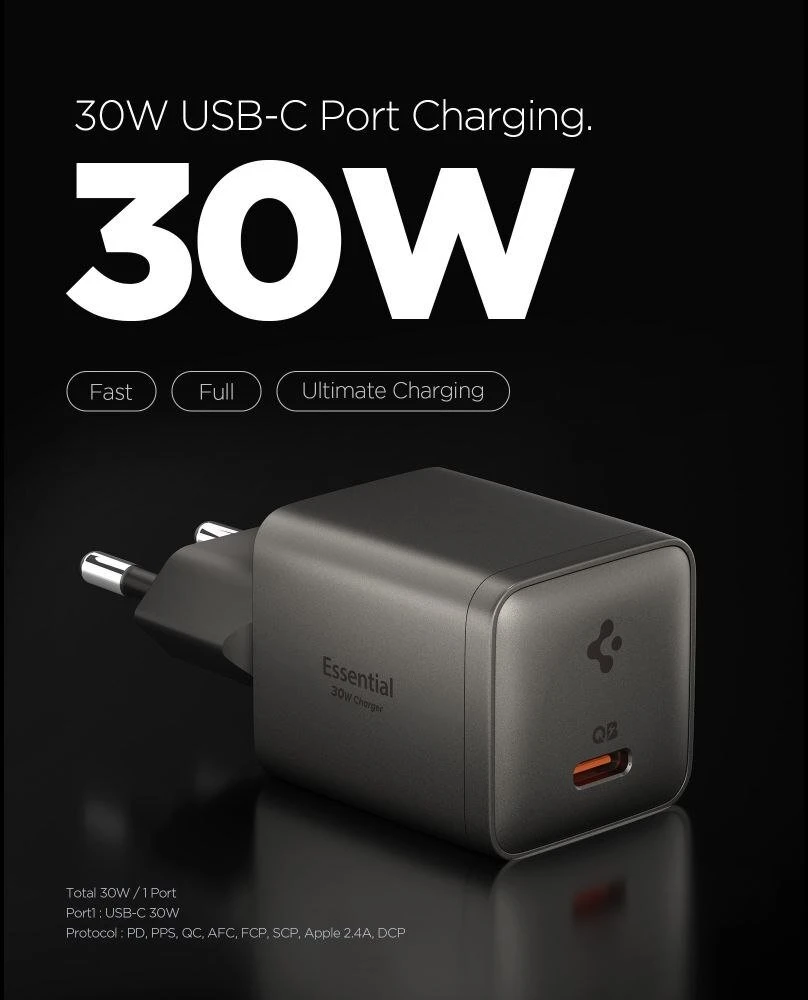 Spigen EE301EU-GAN ESSENTIAL 1 prievado tinklo įkroviklis 30W GUNMETAL