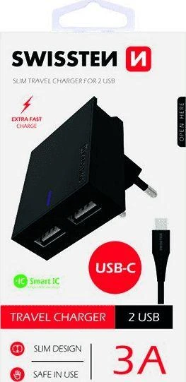 Phone Accessories Swissten Smart IC tinklo įkroviklio rinkinys 2xUSB 3A+Type C duomenų kabelis 1,2m, juodas