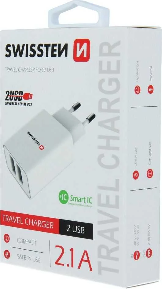 Swissten Travel Smart 2x USB 2.1A balta