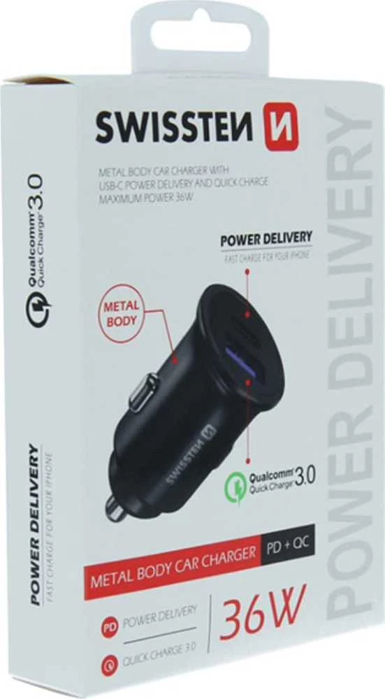 Įkroviklis Swissten Įkroviklis automobilinis pakrovėjas 36W, 2 prievadai, USB-C, USB-A