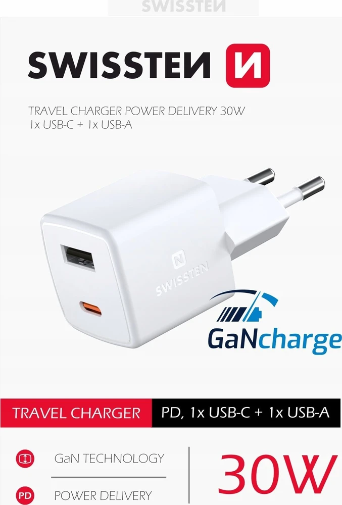 Įkroviklis Swissten Mini Gan Travel Charger GaN 1x USB-A 1x USB-C 30W (22056100)