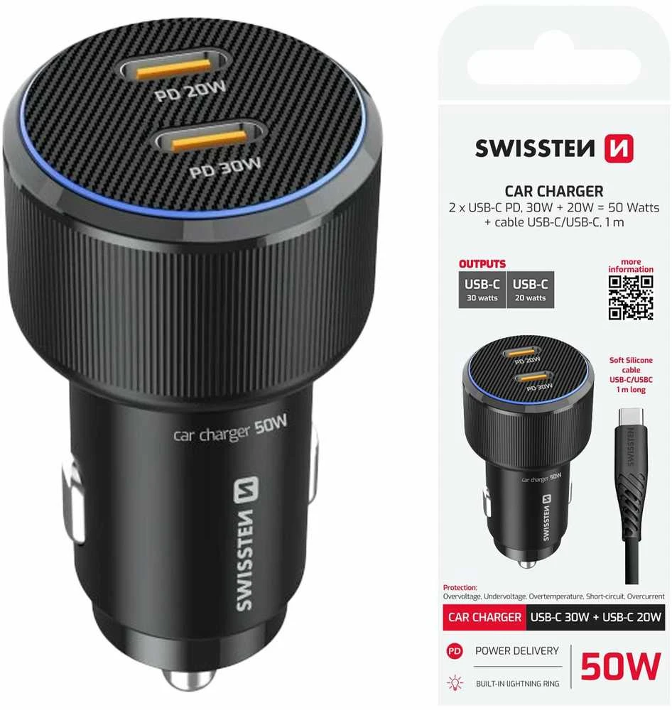 Įkroviklis Swissten PD 2x USB-C automobilinis įkroviklis 50W su USB-C - USB-C laidas 1m