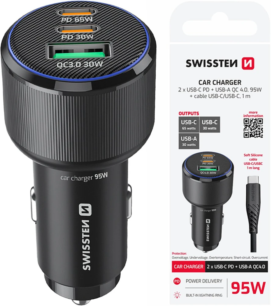 Įkroviklis Swissten PD 2x USB-C / USB automobilinis įkroviklis 95W su USB-C - USB-C laidas 1m