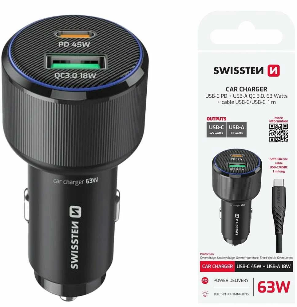 Įkroviklis Swissten PD USB-C / USB automobilinis įkroviklis 63W su USB-C - USB-C laidu 1m