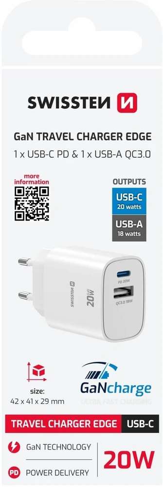 „Swissten Edge GaN“ kelioninis įkroviklis GaN USB-C PD 20W + USB-A 18W QC