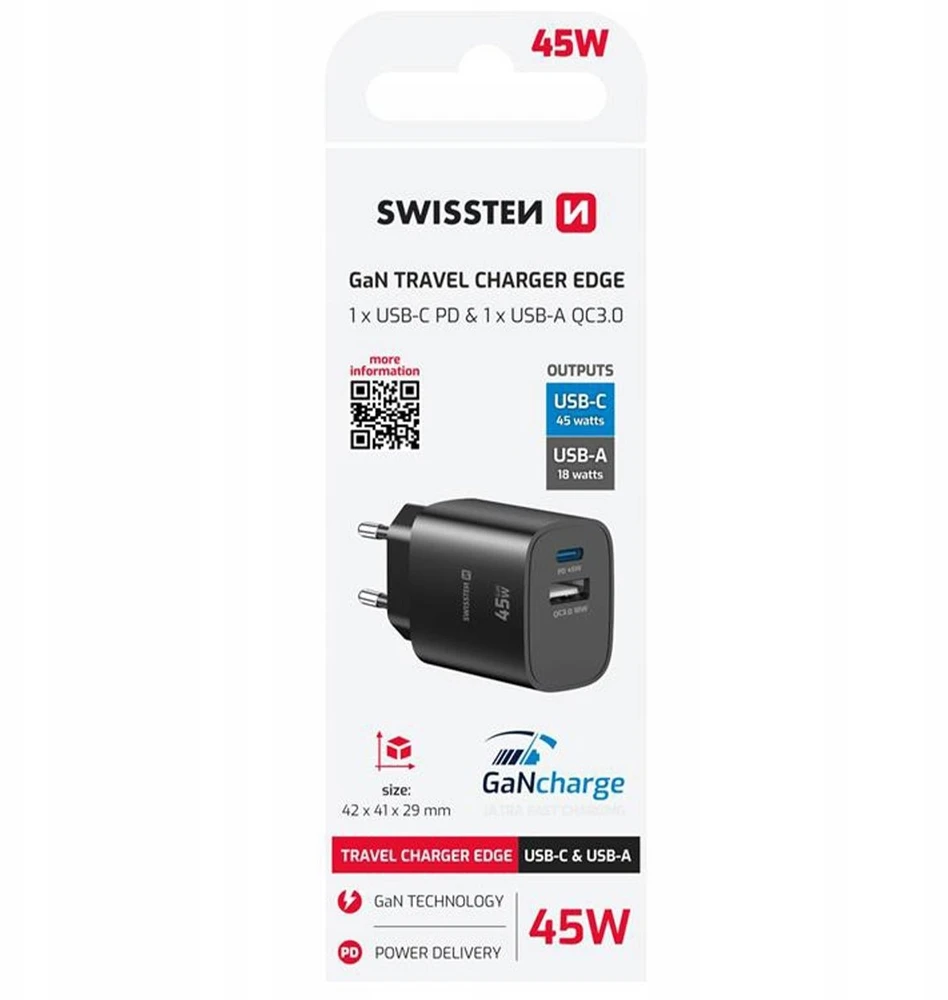 „Swissten Edge GaN“ kelioninis įkroviklis GaN USB-C PD 45W + USB-A 18W QC