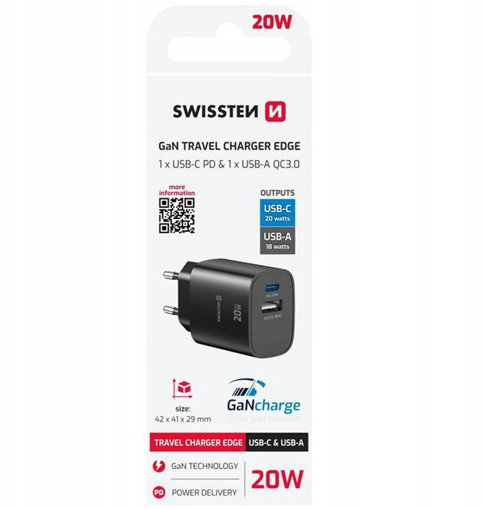 „Swissten Edge GaN“ kelioninis įkroviklis GaN USB-C PD 20W + USB-A 18W QC