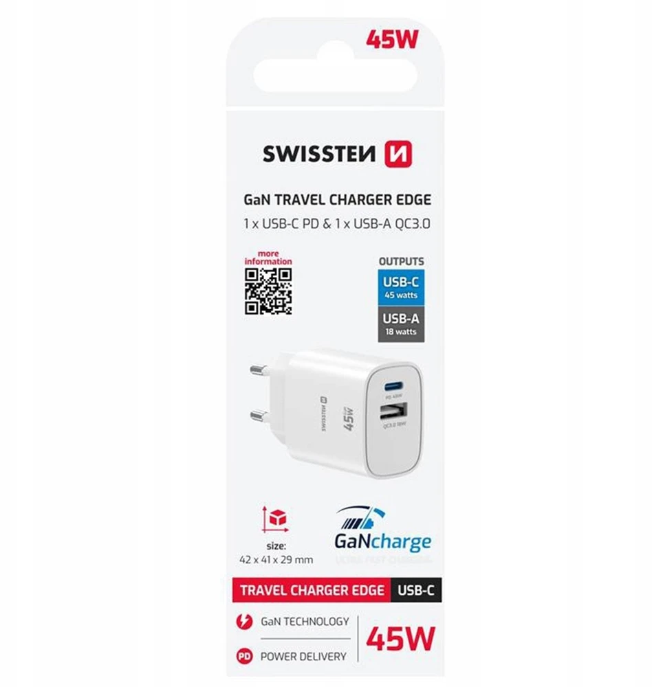 „Swissten Edge GaN“ kelioninis įkroviklis GaN USB-C PD 45W + USB-A 18W QC