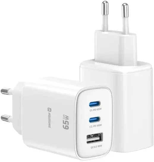 Swissten Edge 65 W GaN Adapteris, Baltas