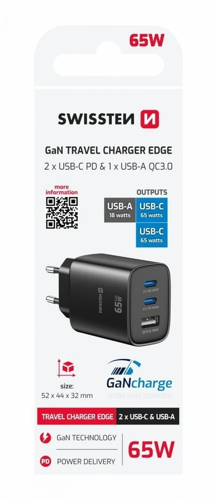Swissten Edge 65 W GaN Adapteris, Juodas