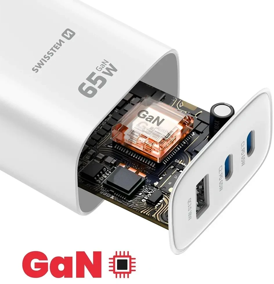 Swissten Edge 65 W GaN Adapteris, Baltas