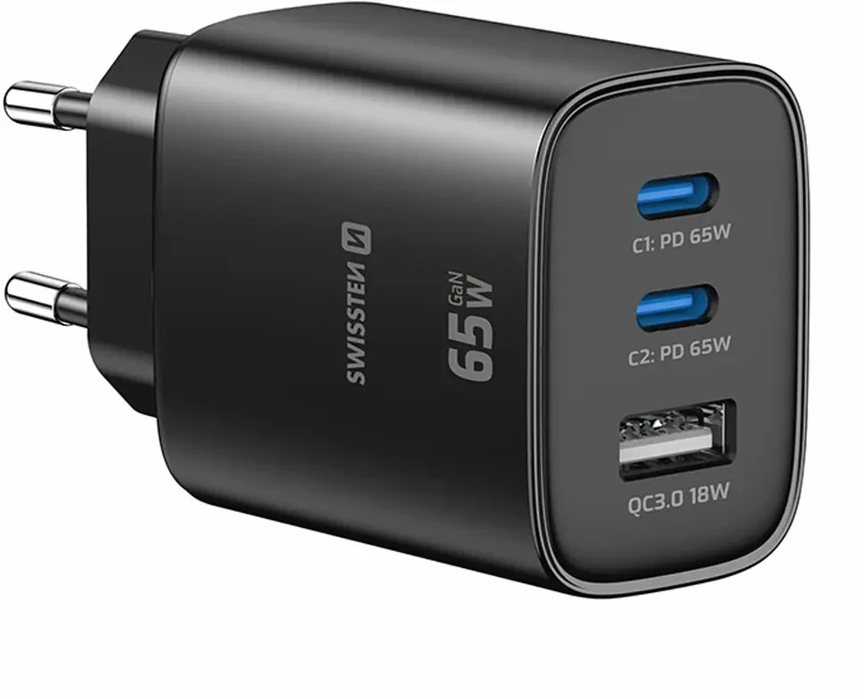 Swissten Edge 65 W GaN Adapteris, Juodas
