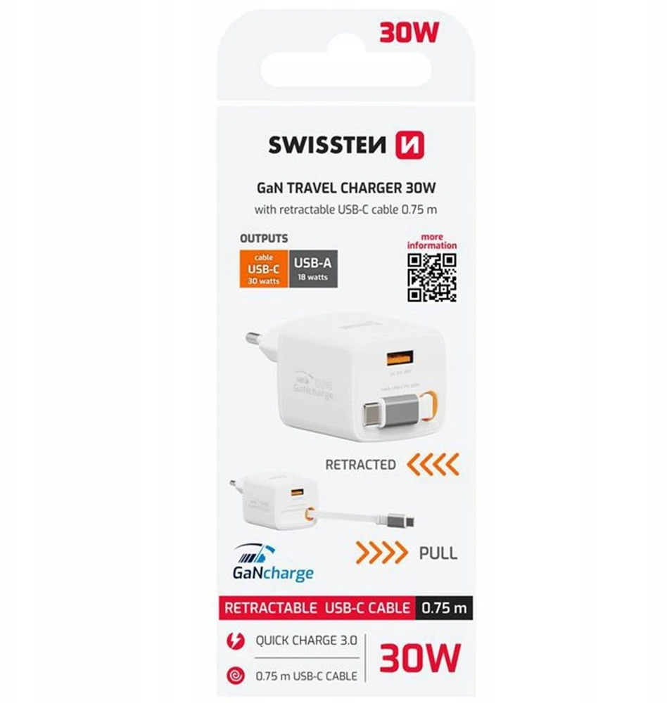 Įkroviklis Swissten SlideCHARGE maitinimo įkroviklis GaN 30W USB-A 18W su ištraukiamu USB-C laidu 0.75m baltas