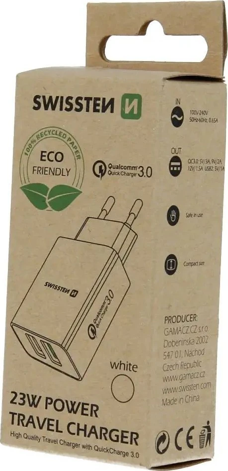 Įkroviklis Swissten SW-2XUSB-QC-ECO-23W-BK Podróżna 3x USB-A 23 W (22060200ECO*)