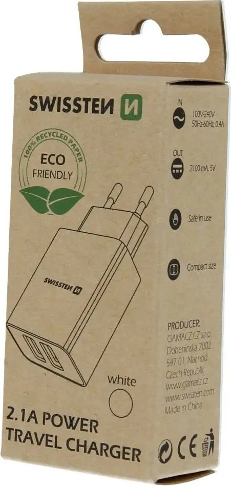 Įkroviklis Swissten smart IC Podróżna 2 2,1 A Baltas (22034000ECO)