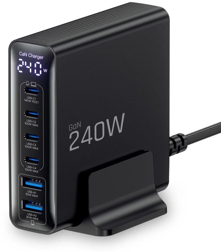 Tech-Protect DC240W-GAN 6 prievadų stalinis įkroviklis PD 240W / QC3.0 juodas