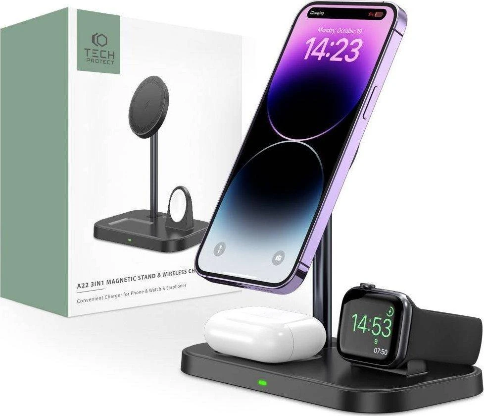 Belaidis magnetinis įkroviklis 3in1 15W telefonams su MagSafe, AirPods, Apple Watch Watch Tech-Protect QI15W A22 juodos spalvos