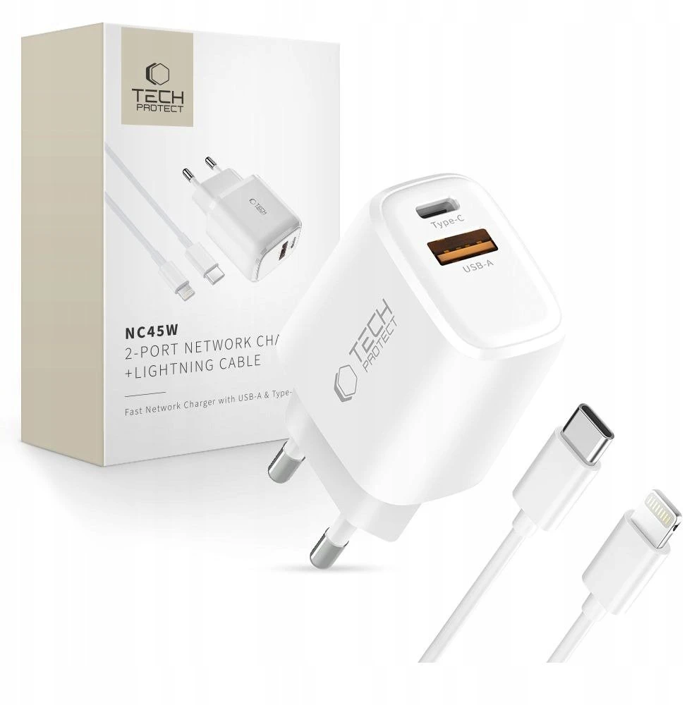 Tech-Protect NCA45W-GAN 2-Port laidinis įkroviklis PD 45W / QC3.0 + Lightning kabelis baltos spalvos