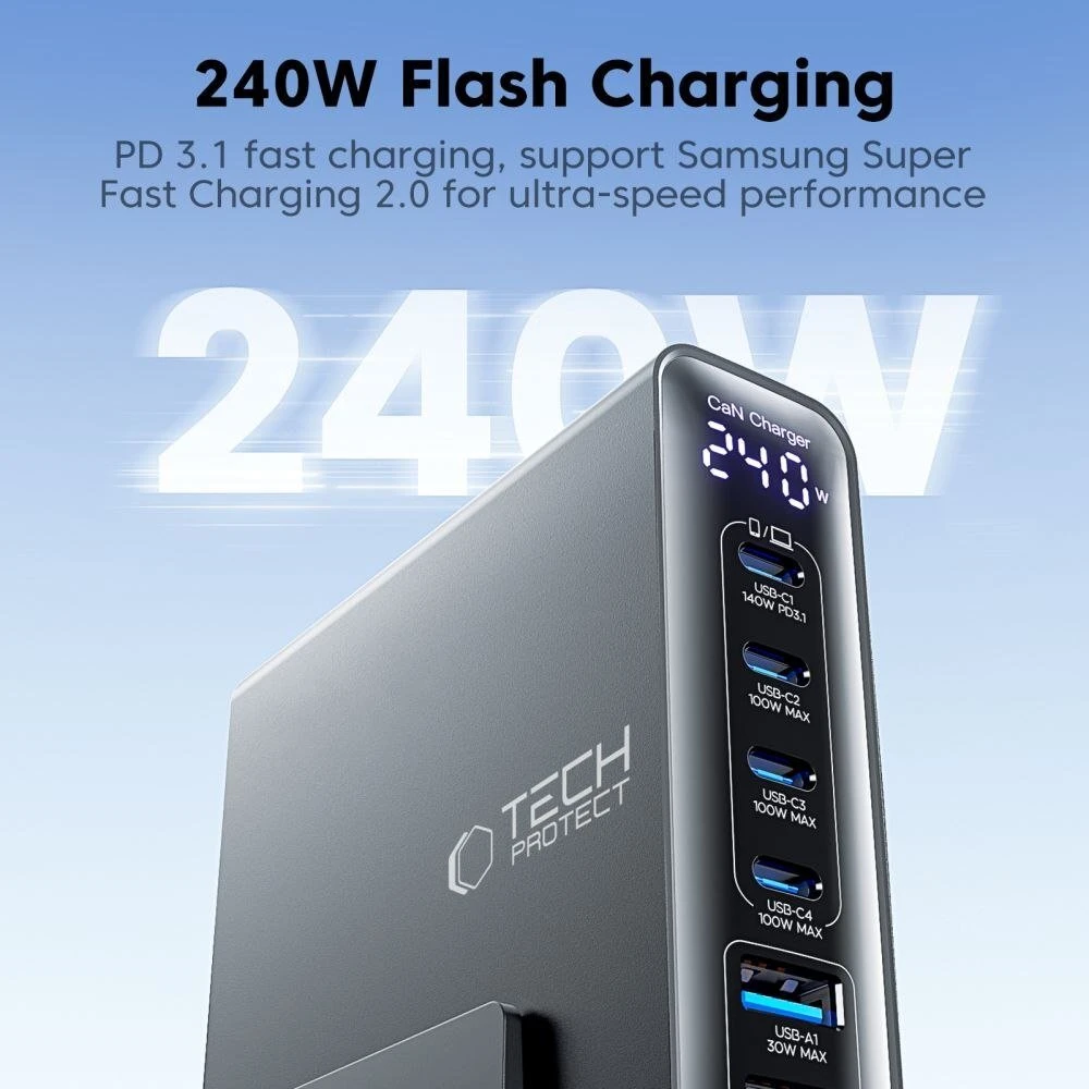 Tech-Protect DC240W-GAN 6 prievadų stalinis įkroviklis PD 240W / QC3.0 juodas