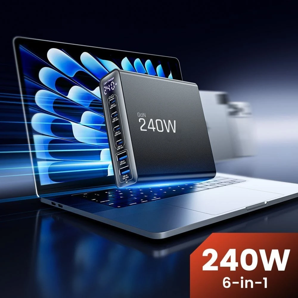 Tech-Protect DC240W-GAN 6 prievadų stalinis įkroviklis PD 240W / QC3.0 juodas